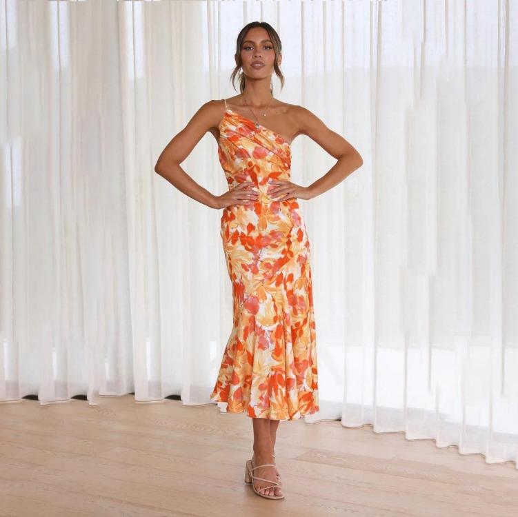 

Летнее женское платье-комбинезон с цветочным принтом, без рукавов, с высокой талией, с длинными подтяжками, с косым воротником XL оранжевый