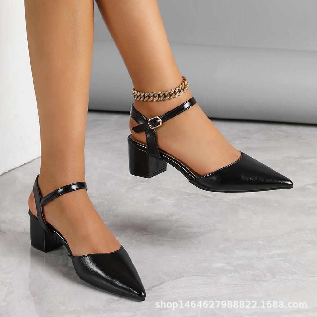 Summer Front Bag Head Back Empty Low Heel Women's Shoes Spring and Summer New One-word Buckle with Exposed Heel Elegant Pointed High Heel Cool