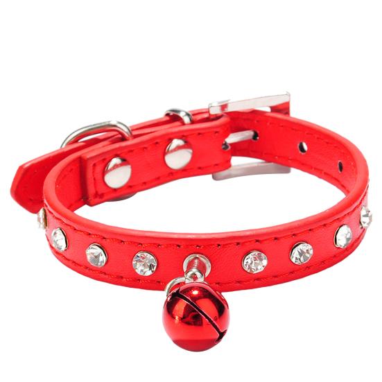 Adjustable Pet Dog Crystal Rhinestone Bell Collar Soft Faux Leather Neck Strap
