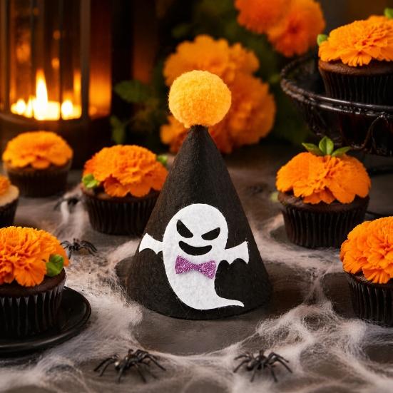 Halloween Pet Accessories Pointed Hat, Cute Ghost Witch Pumpkin Cat Pom-pom Hat for Cats And Small Dogs Holiday Party Accessory Lightweight