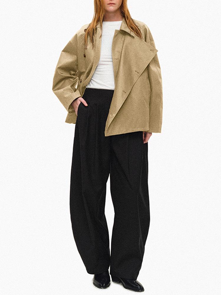 American Short Lapel Trench Coat: High-End Waist-Defining Double-Breasted Loose Long Sleeve Jacket for Women