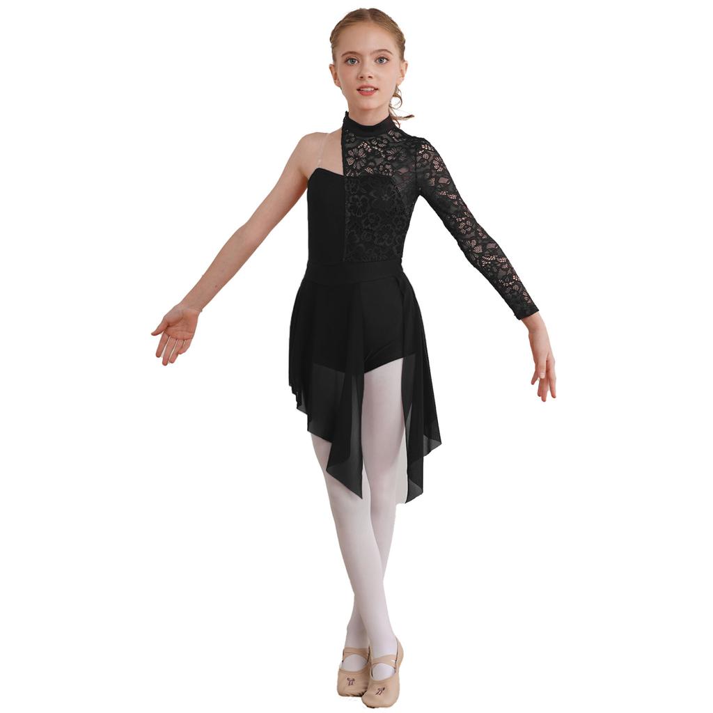 Child Girls Lyrical Dance Dress Ballroom Dancing Costumes Gymnastics Leotard with Asymmetrical Skirt for Figure Skating Dance Wear