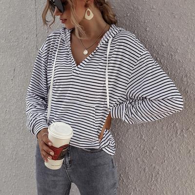 Women's Fashion Loose Striped Hooded Sweater with Drawstring and Pockets