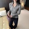 Elegant Korean Style Grey Slim Fit Lapel T-shirt: Women's Autumn/Winter Long Sleeve Base Layer Top