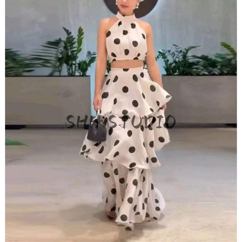 Summer Women's Hanging Collar Sleeveless Dotted Prints Vest Tops + Long Cake Skirt Two-piece Set