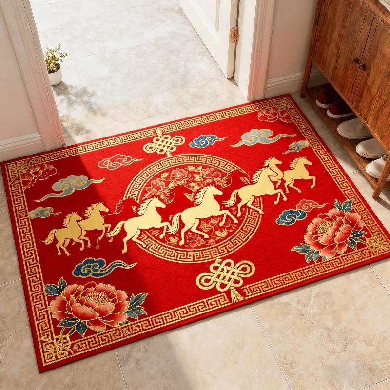 Chinese Style Carpet Red Horse Pattern Carpet Chinese New Year Living Room Entrance Non Slip Mat Home Decoration Rug