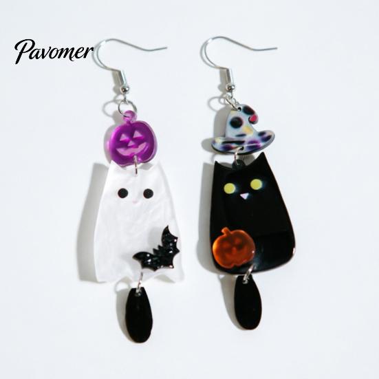 Lightweight Acrylic Statement Earrings 1 Pair Halloween Earrings, Black White Ghost Drop Dangle with Daily Wear Ear Hooks Witch Hat Bat Pumpkin,