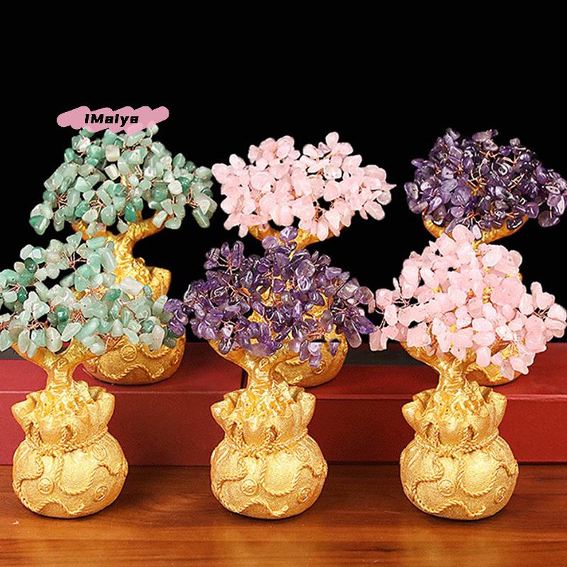 M-New 1PC Lucky Tree Wealth Yellow Crystal Tree Natural Money Tree Ornaments Bonsai Style Wealth Luck Feng Shui Ornaments Craft