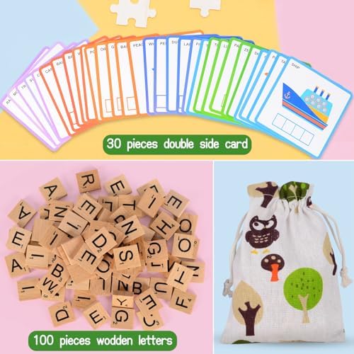 Montessori Alphabet Learning Toy Set for Kids Ages 3-7, Spelling Game with 100 Wooden Letters, 30 Double-Sided Cards & Storage Bag, Educational Gift