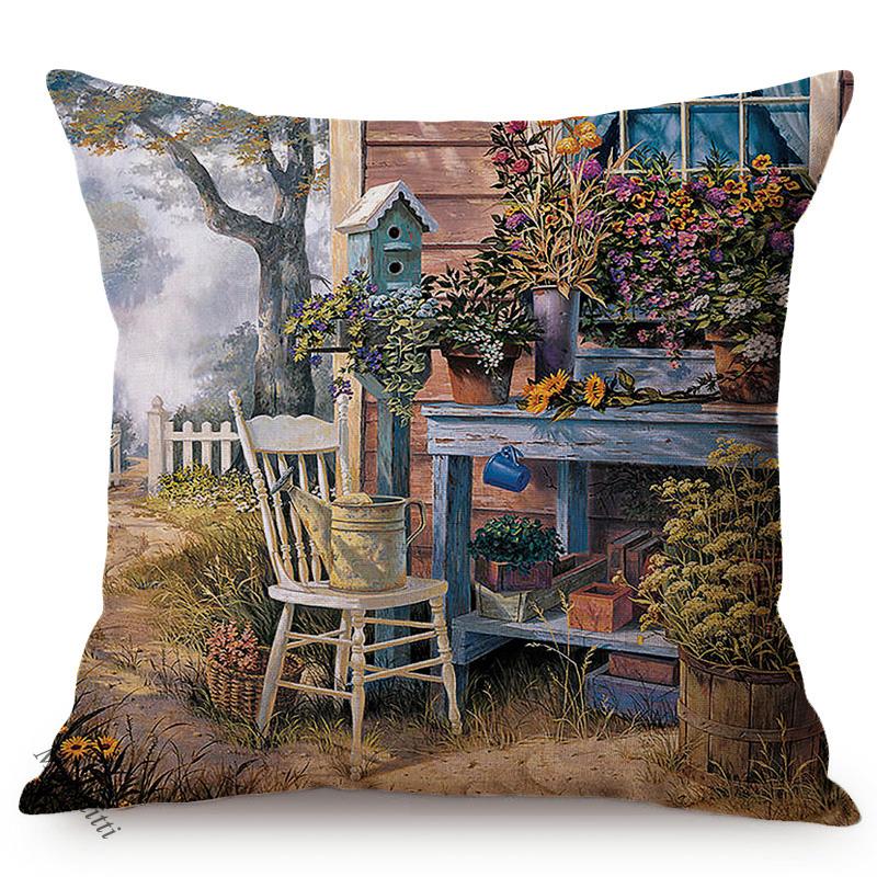 Spring Rural Landscape Pattern Sofa Decorative Cushion Cover Quiet Creek Florals Scenery Cotton Linen Throw Pillow Case Cojines