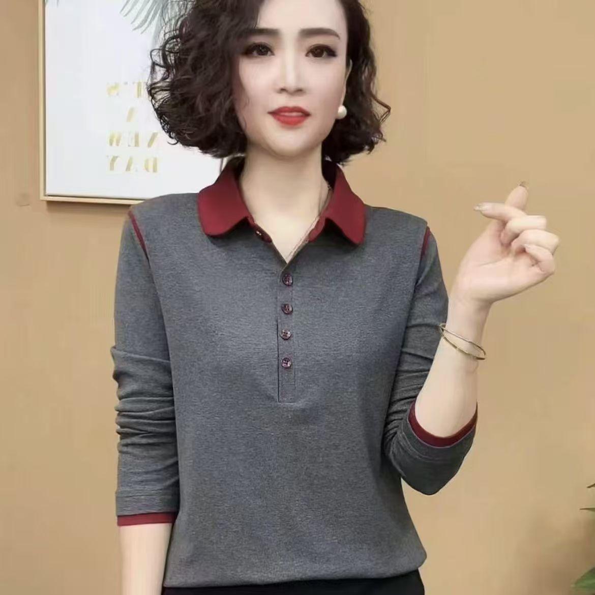 

Женская рубашка с длинным рукавом и воротником поло - Весна/Осень 2025, Цветовой блок, Универсальная базовая модель, Молодящая 3XL