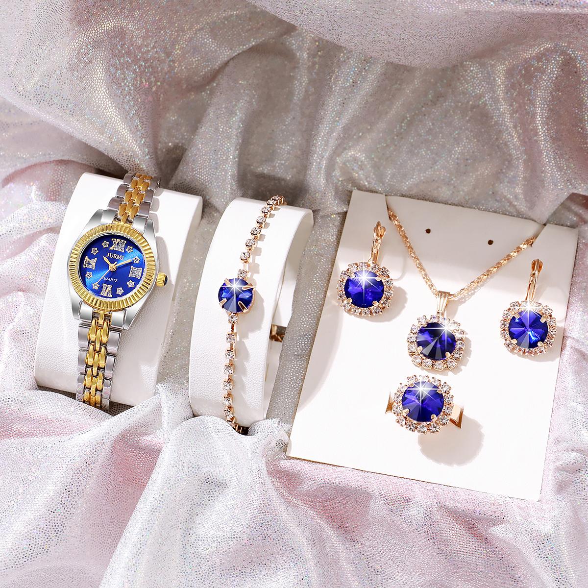 

Ladies new Aurora shell inlaid diamond star Roman face half gold steel strap quartz watch full diamond jewelry 5 pieces set синий