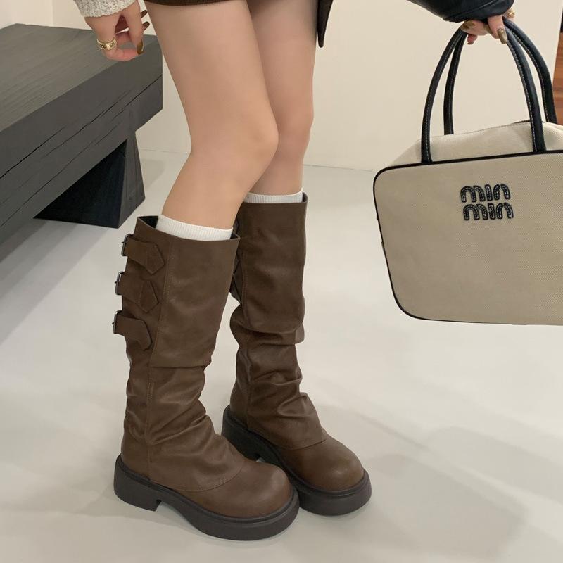 Belt buckle thick heel high boots women's winter new boots thick-soled wasteland women's boots medium heel round head boots