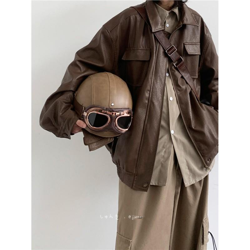 Vintage Retro PU Leather Jacket Loose Fit Teens Casual Outerwear