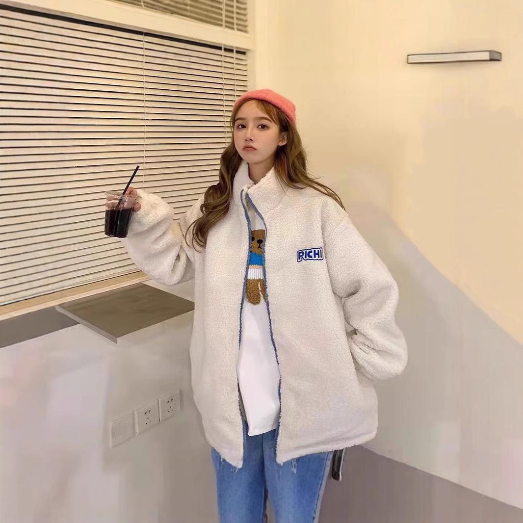 

2024 Korean Style Lamb Wool Women s Loose Stand-Up Collar Coat for Autumn and Winter XXL абрикосовий