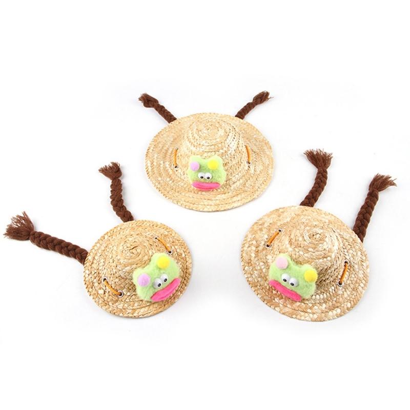 Puppy Straw Hat Dogs Sunbonnet with Braids Supplies Headwear Devil Hat Summer Hat with Strap Belt Photo Props