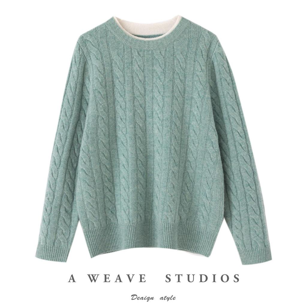 Women's Color-Block Pure Wool Sweater, Cable Knit, Thickened, Loose Fit, Slimming Pullover