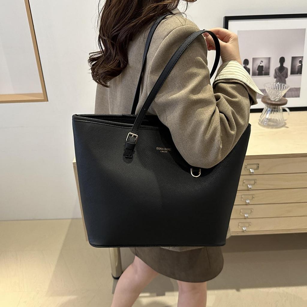HurBer Tote Formal Business PU A4 Job Large Simple Design Women's Bag, Bag, Bag, Leather, Size, Hunting, Capacity, School, Commuting, (Black)