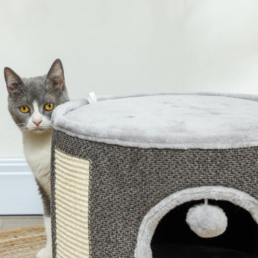 Cat Cave, 2 Levels, Cat House, Plush, Cushion, Sisal Scratching Board, Diameter 40 X 30H Cm, Dark Grey
