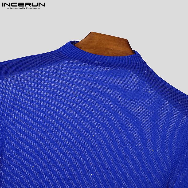 INCERUN Men Mockneck Long Sleeve Mesh Sheer Gloves Tops Slim Glitter Undershirts