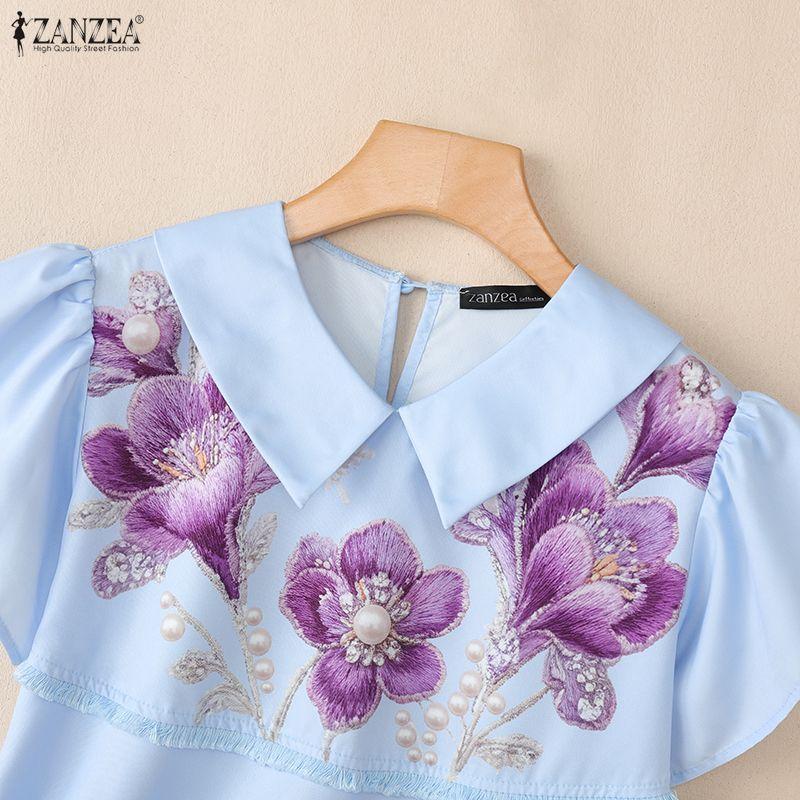 ZANZEA Women Casual Round Neck Loose Short Sleeve Floral Print Blouse
