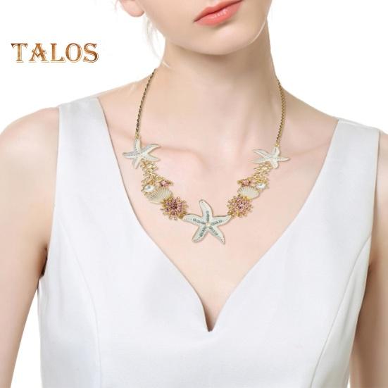 Exaggerated Women Necklace Ocean Theme Starfish Coral Shell Hollow Out Faux Pearl Rhinestone Decor Adjustable Length Lady Vacation Beach Neck Jewelry