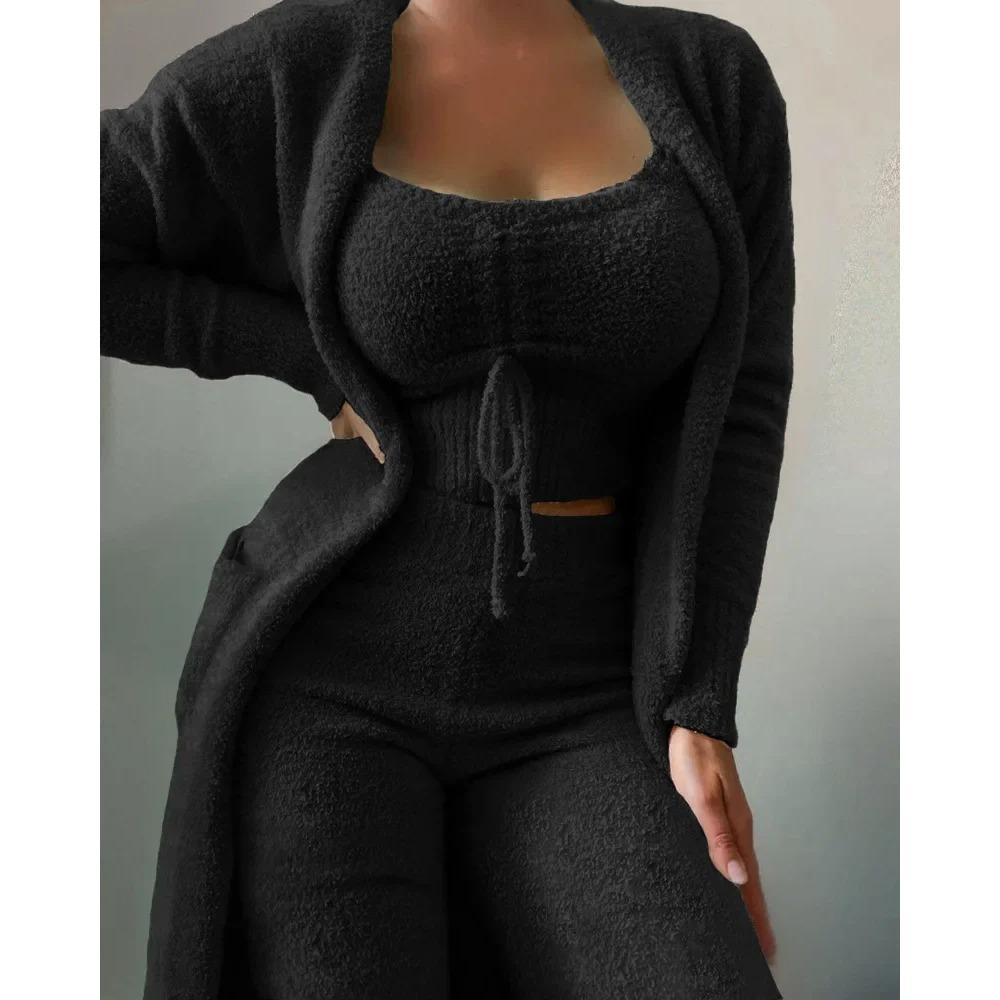 Nová Podzimní Zimní Dámská Sametová Pyžamová Souprava Crop Top+Dlouhé Kalhoty+Župan 3dílný Oblek Teplé Měkké Fleecové Domácí Oblečení Pyžamo S-3XL