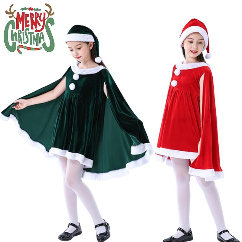 Чарівний Різдвяний Оксамитовий Костюм для Маленьких Дівчаток з Плащем-Накидкою Санта Клаус Ельф