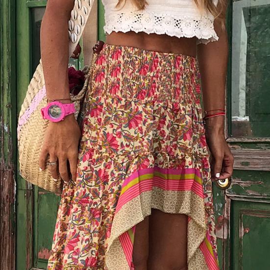 Kadın Maxi Etek Yüksek Bel Düzensiz Etek Çiçek Baskı Bohem Ön Kısa Arka Uzun Elastik Bel Patchwork Bayan Tatil Plaj Uzun Etek