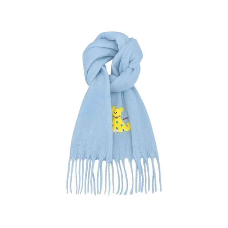 Korean Cute Puppy Embroidered Scarf Women's Autumn and Winter Versatile Senior Sense Fluffy Mohair Warm Cartoon Scarf
