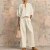 Summer New Women's Imported Casual Loose Solid Color Zippered Crew Neck Wide Leg Pants Set for Women
