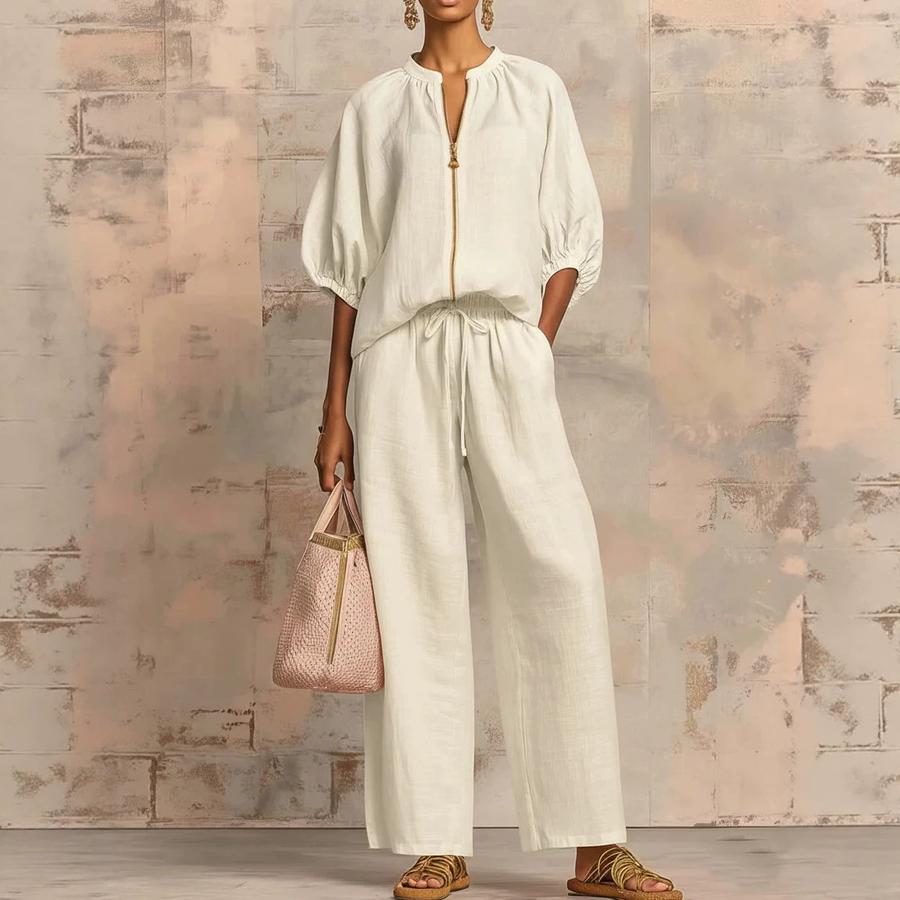 Summer New Women's Imported Casual Loose Solid Color Zippered Crew Neck Wide Leg Pants Set for Women