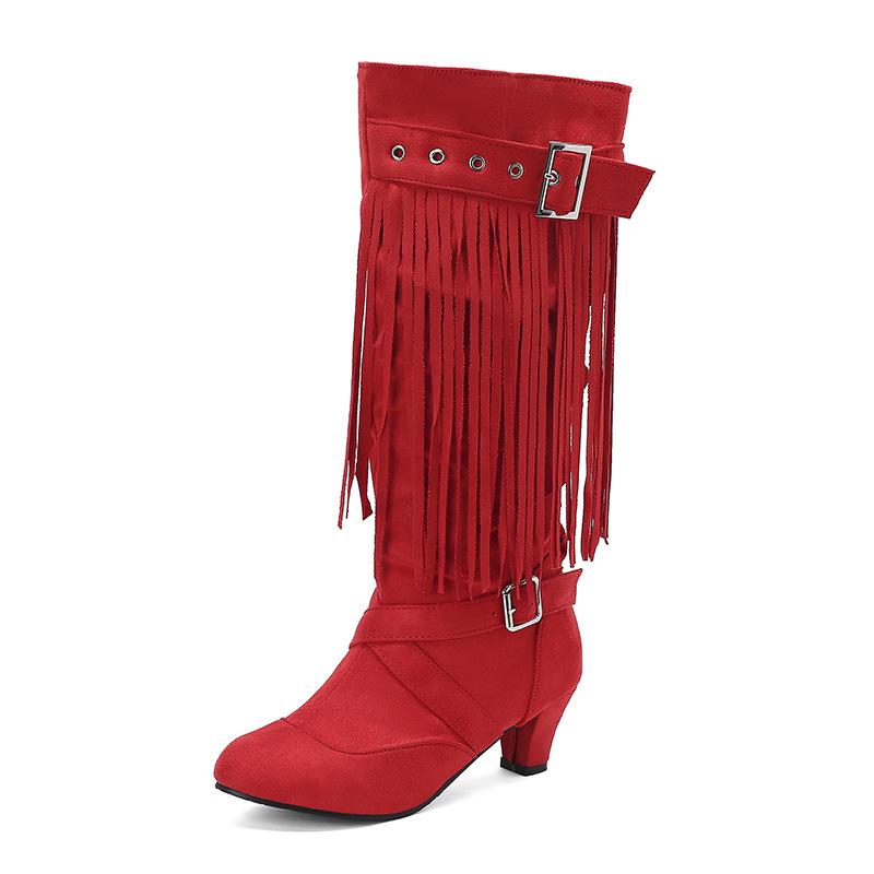 Women's High-Heel Suede Over-the-Knee Boots with Fringe, Pointed Toe, Large Size 45