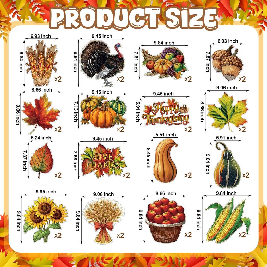 32 Pcs Vintage Thanksgiving Cutouts Fall Harvest Cutouts Cornucopia Decorative Sets Retro Give Thanks Accents Pumpk Leaves Turkey Decor for Office