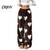 Soft Drawstring Sleeping Trousers Women Fuzzy Pants, Heart Print Wide Leg Pajama Bottoms with Elastic Cozy Winter Home Pants Waist Drawstring,