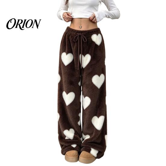 Soft Drawstring Sleeping Trousers Women Fuzzy Pants, Heart Print Wide Leg Pajama Bottoms with Elastic Cozy Winter Home Pants Waist Drawstring,