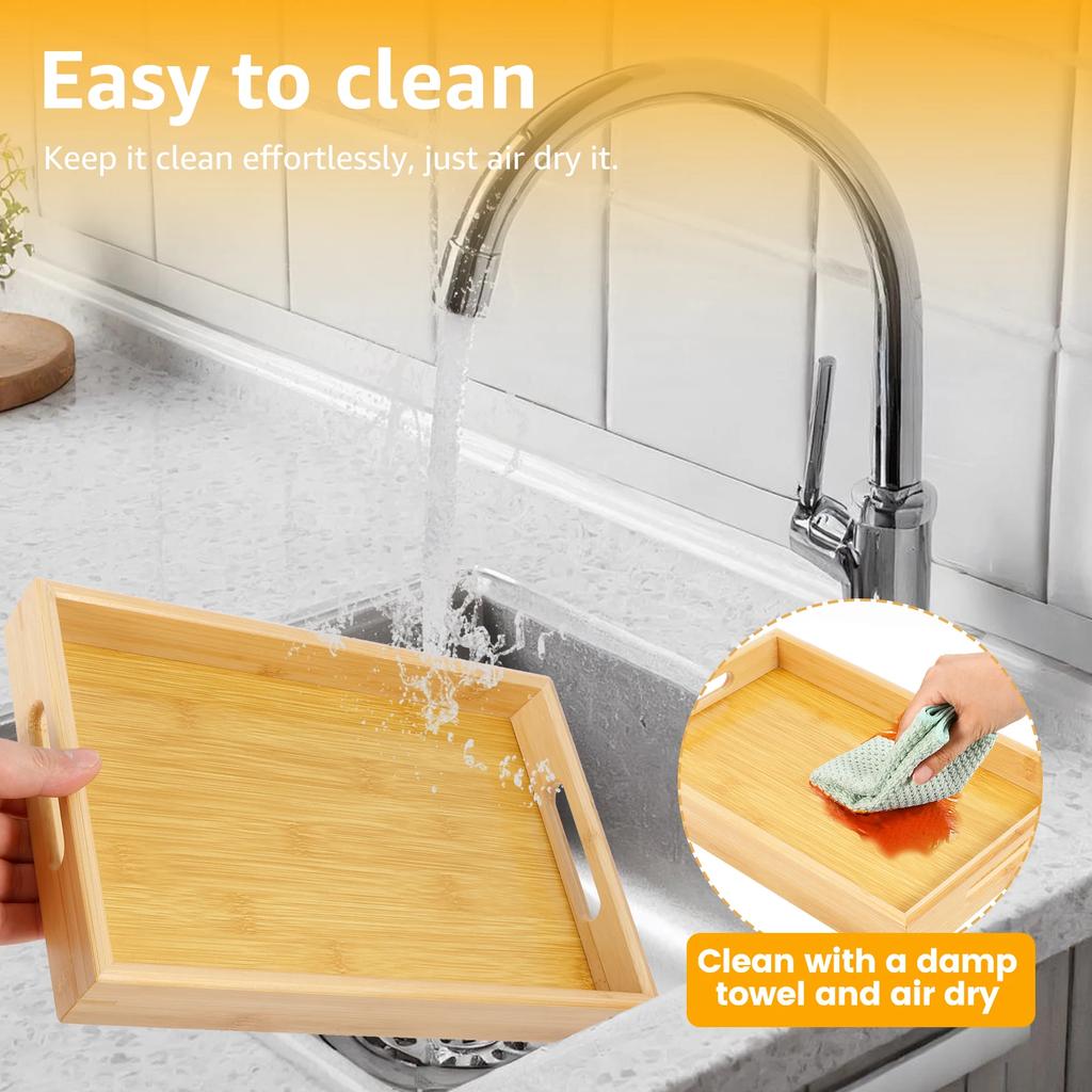 Bamboo Serving Tray with Handles Modern Serving Trays Platter Solid Bamboo Rectangle Decor Platter Ergonomic Bamboo Breakfast