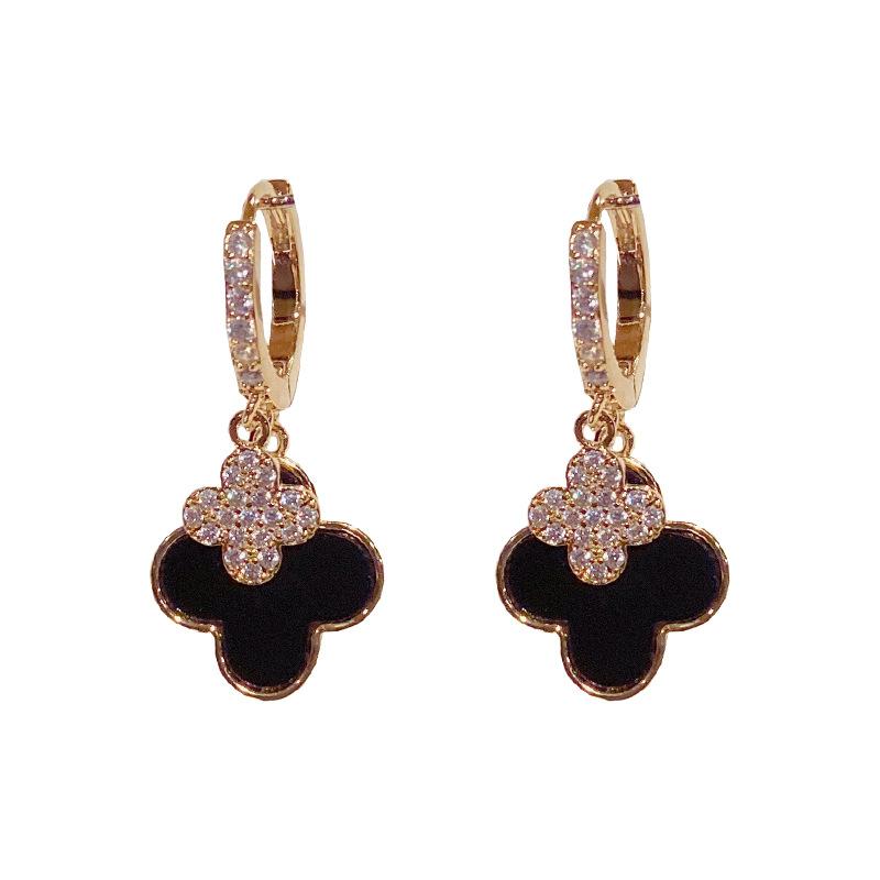 Double-sided Four-leaf Clover Ear Buckles, Gold Diamond-set Black Oil Drop Pendant Earrings, Women's Daily Versatile Temperament Earrings.