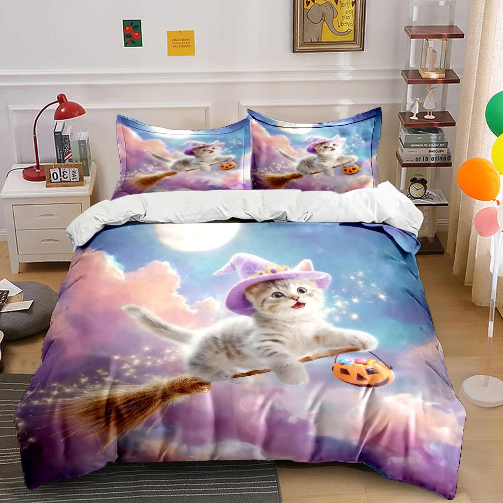 Cute Kitten Halloween Decoration Set Soft Comfortable Duvet Cover Bedding Set Included 1*Duvet Cover & 2*Pillowcases, Gift