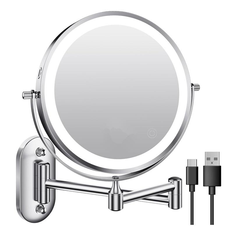 8-Inch Double-Sided LED Makeup Mirror: Wall-Mounted, Folding, Retractable, Lighted, Magnifying, Rechargeable Bathroom Vanity Mirror.