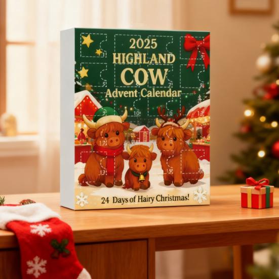 Highlandská kráva Adventní kalendář 2025 24denní krabička pro odpočítávání Vánoc s ozdobami Multifunkční dekorace na stromeček a sváteční zábava pro děti