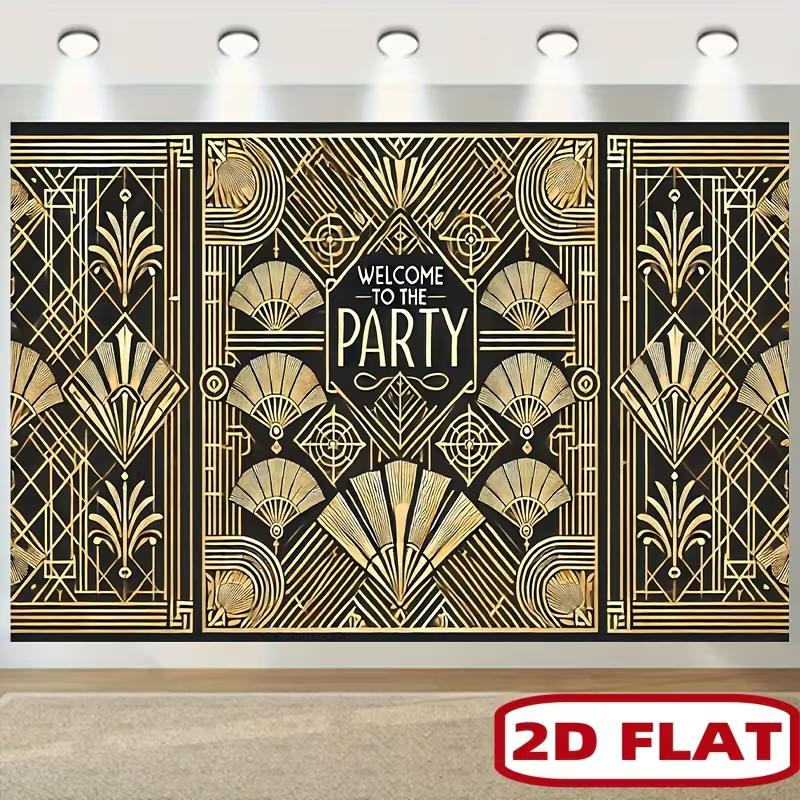 Roaring 20s Photo Booth Background, Black Gold Art Deco Welcome To The Party Backdrop for Speakeasy & New Year Events