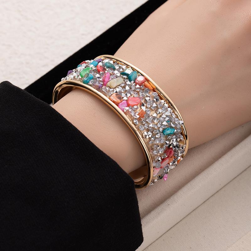 Colored gravel wide-sided open bracelet, flash diamond-encrusted bracelet, men's and women's personality trendy and cool hand jewelry