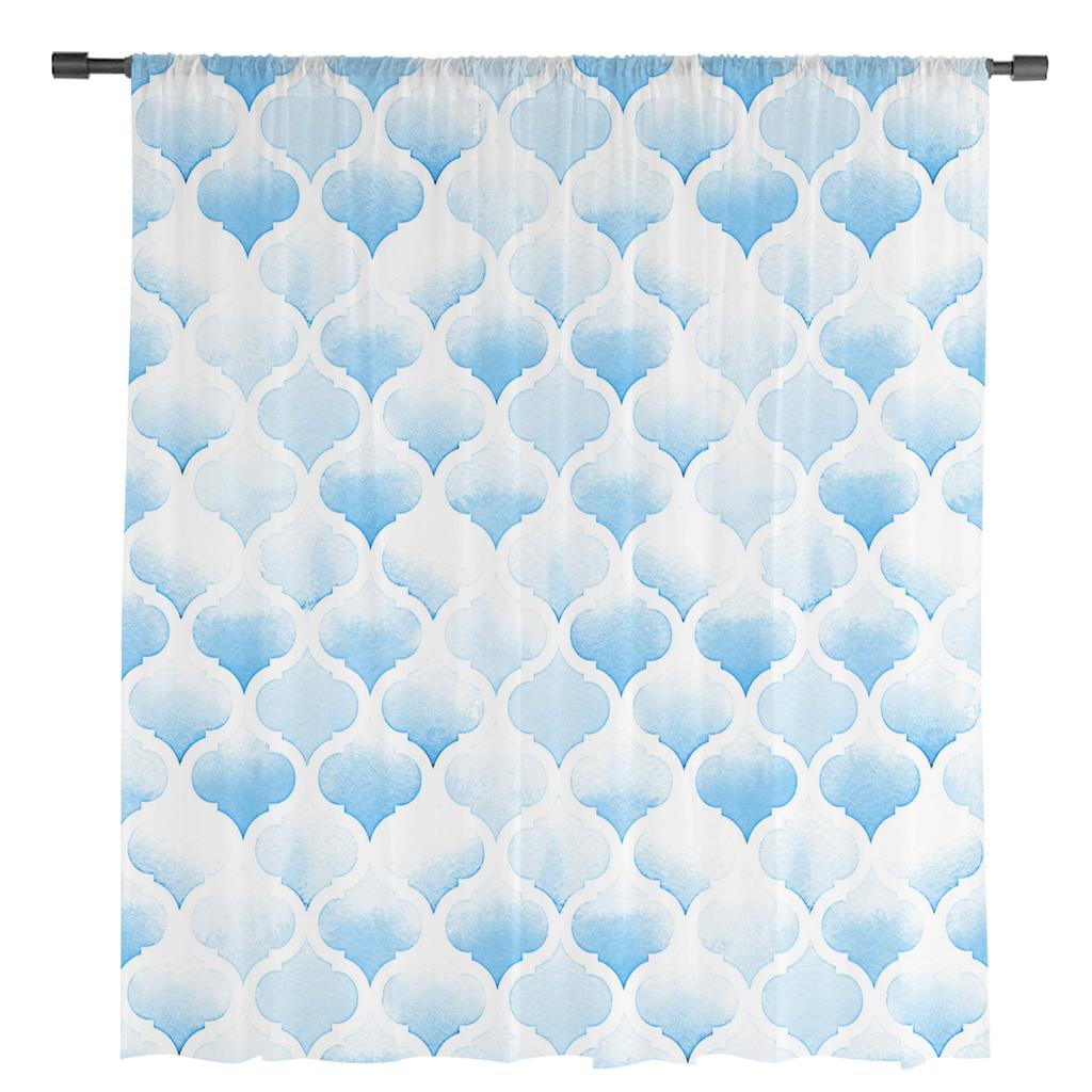 Watercolor Morocco Blue Sheer Voile Window Curtains Tulle Curtains Living Room Balcony Decoration Drapes