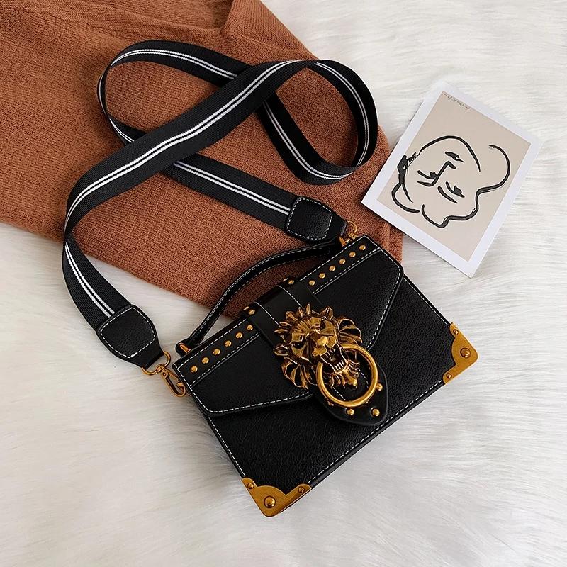 Female Fashion Handbags Popular Girls Crossbody Bags Totes Woman Metal Lion Head Brand Shoulder Purse Mini Square Messenger Bag