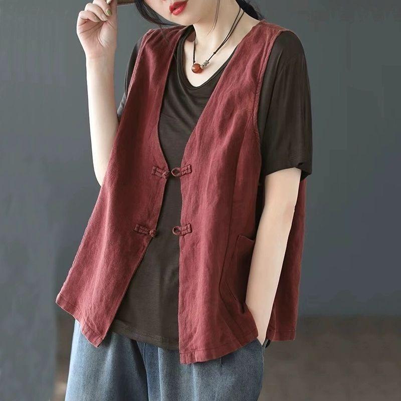 Summer Women s Linen Vest V Neck Frog Button Sleeveless Casual Top M красный