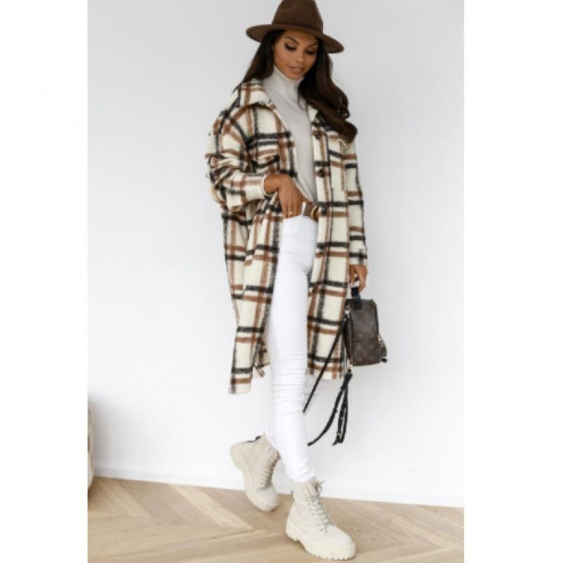 Autumn and Winter New Women's Clothing Long-sleeved Plaid Printing Medium and Long Woolen Jacket Women's Trend