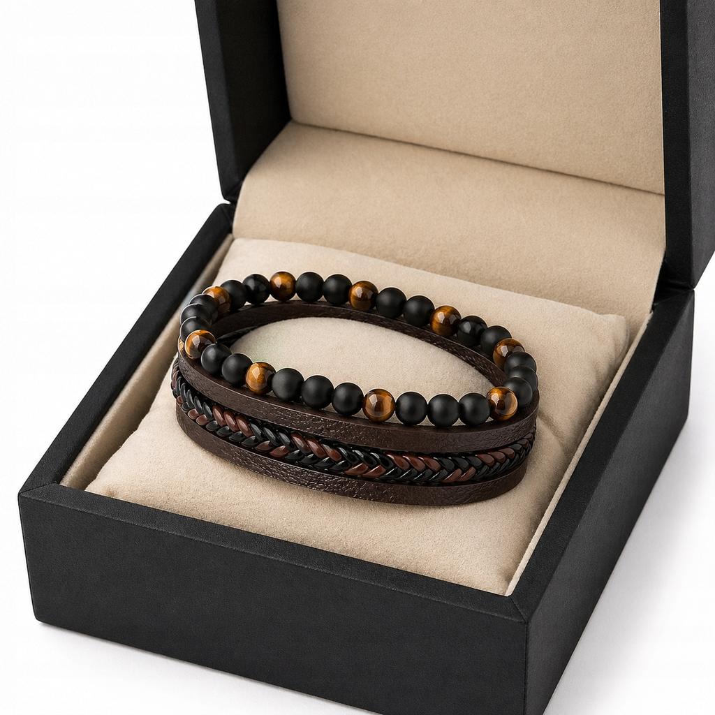 Men' Leather Bracelet with Beads, Bead Bracelet, Brown Titanium