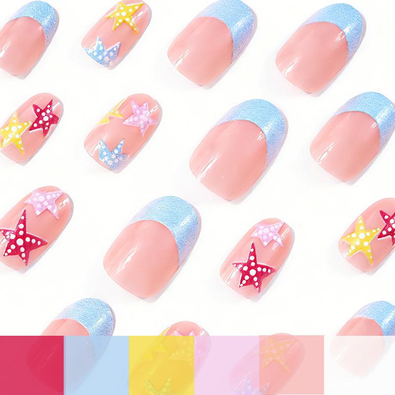 Short Glossy Oval Hot 24 Pieces Nail Art Cool and Fresh Summer Starfish Blue French Wearing Nail Art