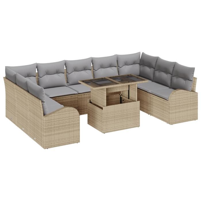 Ensemble de 10 pièces de canapés de jardin avec coussins Beige Rotin Poly, Canapé de jardin 2 places avec rangement 3357443